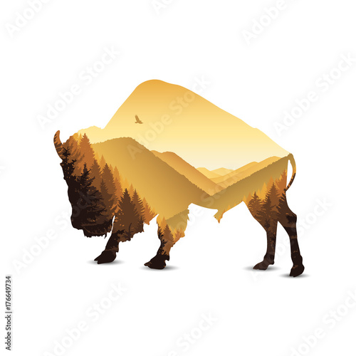 Silhouette of bison with golden pine forest panorama.