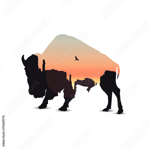 Silhouette of buffalo with western rocks.