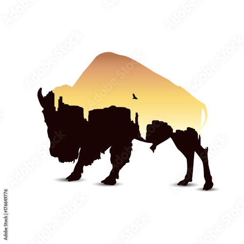 Silhouette of buffalo with western desert.