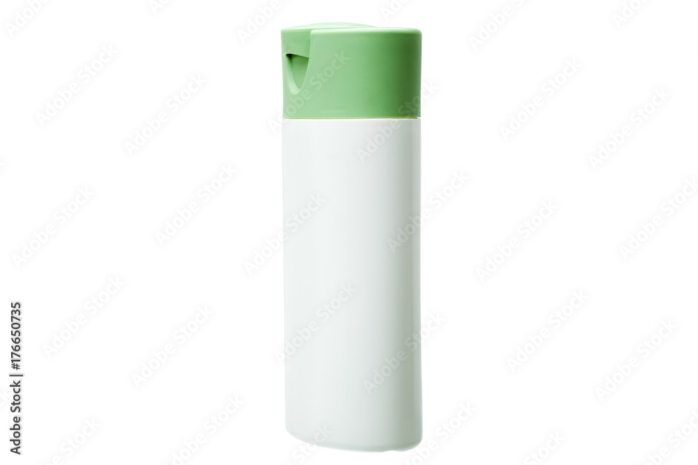 white plastic bottle with green cover isolated. white plastic bottle with green cover isolated.