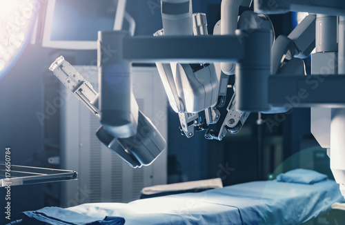 Schilderij op canvas Surgical room in hospital with robotic technology equipment, machine arm surgeon in futuristic operation room