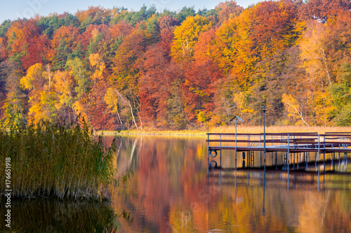 Autumn over the lake, fall trees reflected in water.