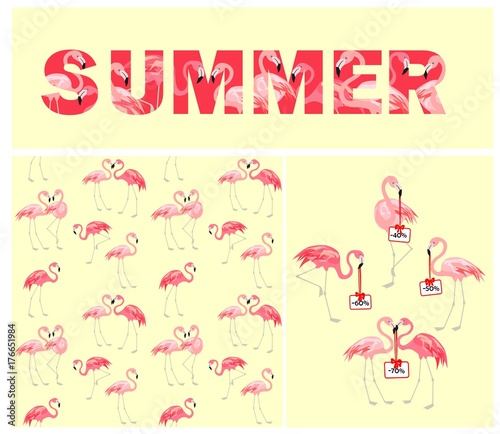 Yellow wallpaper, t-shirt print with summer lettering and offer with cute pink lovely flamingo
