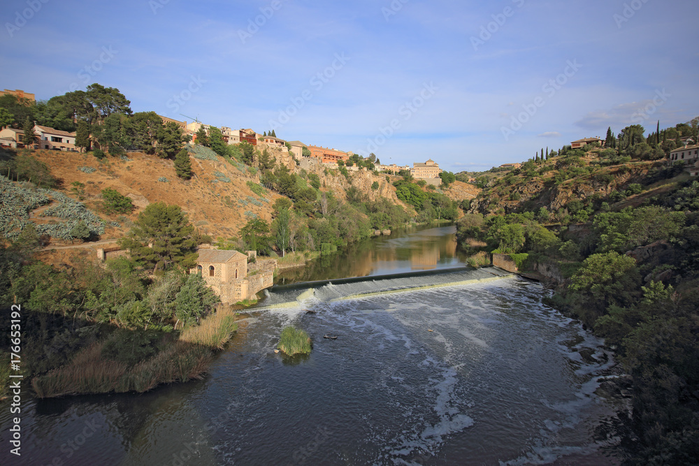 View of Toledo city from Puente de San Martin (Saint Martin bridge), Spain