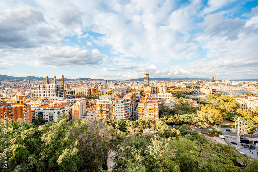 Cityscape top view on Barcelona city from Miramar gardens in Spain