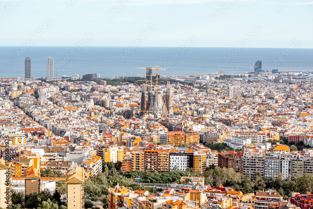 Aerial wide angle cityscape view on Barcelona city
