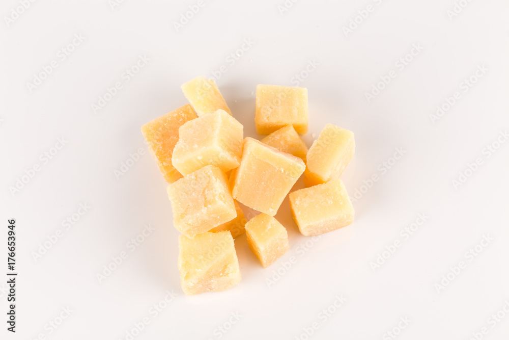 Parmesan cheese on white background