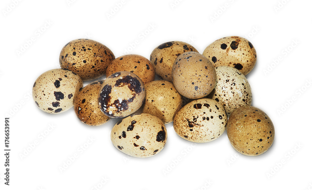 Hen and quail eggs on the white background, isolated Hen and quail eggs on the white background, isolated