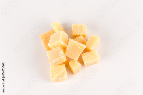 Parmesan cheese on white background