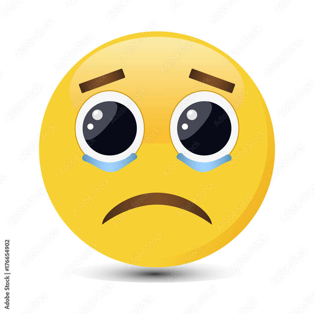 Fototapeta premium Crying emoticon with big eyes and tears in trendy flat style. Sad emoji vector illustration.
