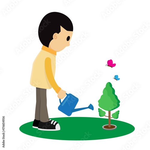 Child is watering a tree cartoon Vector illustration