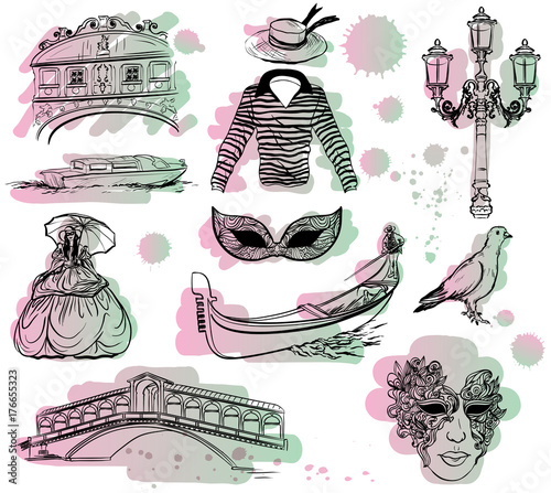 Watercolor Set of Venice sketch with paint drops