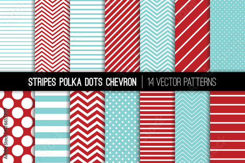 Christmas Aqua Red Polka Dot, Chevron and Diagonal and Horizontal Stripes Vector Patterns. Modern Minimal Backgrounds. Tiny and Jumbo Spots and Various Thickness Lines. Tile Swatches Included.