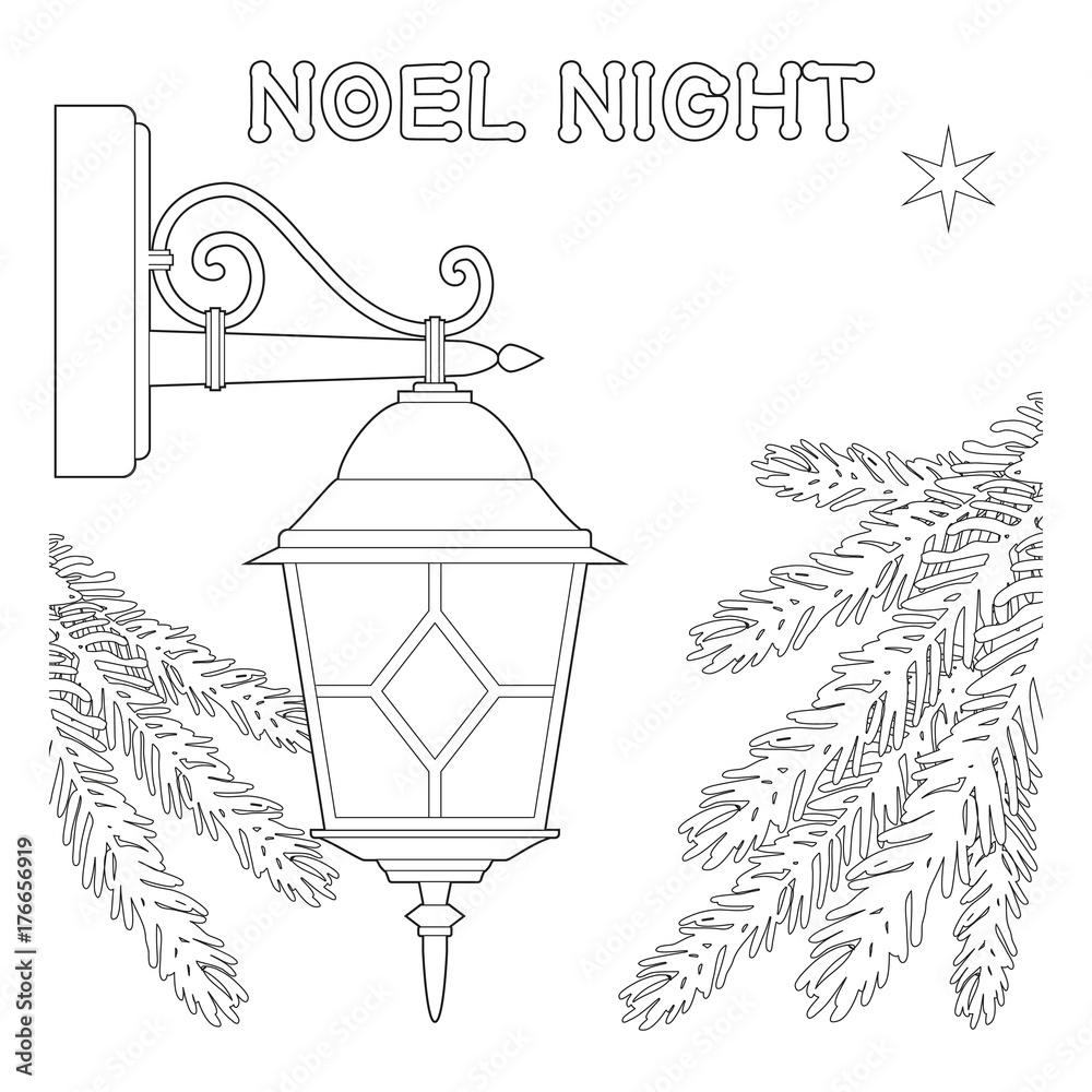 Noel night black and white poster with lonely star, street lamp and  christmas tree branches. Stock Vector | Adobe Stock