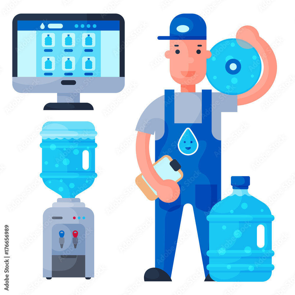 Water delivery service man character in uniform and different water bottle vector elements. Water delivery service man character in uniform and different water bottle vector elements.