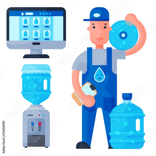 Water delivery service man character in uniform and different water bottle vector elements.