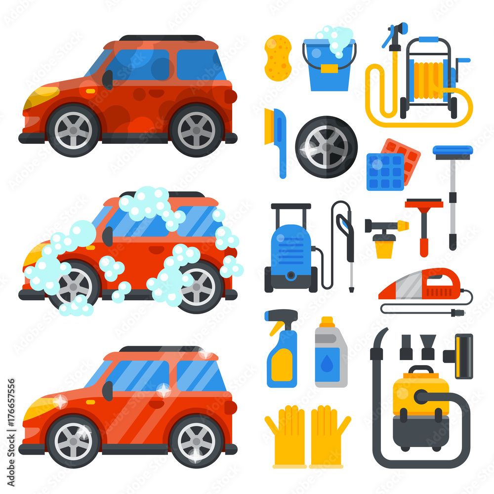 Naklejka premium Car washing service clean tools transport automobile cleaner care auto design work wash station vector illustration