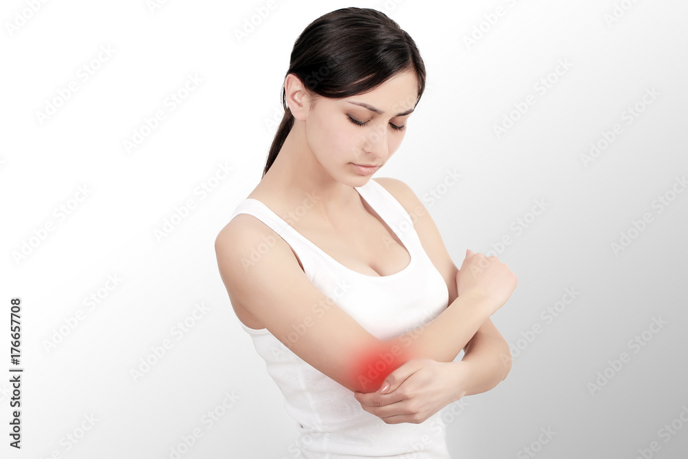 Woman with shoulder and shoulder pain. In the human body, the Concept of Management Syndrome. The young is a beautiful woman. Damage. Woman with shoulder and shoulder pain. In the human body, the Concept of Management Syndrome. The young is a beautiful woman. Damage.