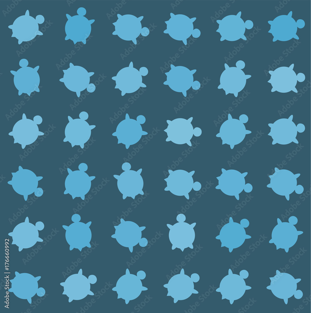 Vector seamless colorful turtle pattern with lines of turtles in black and white in brown background.