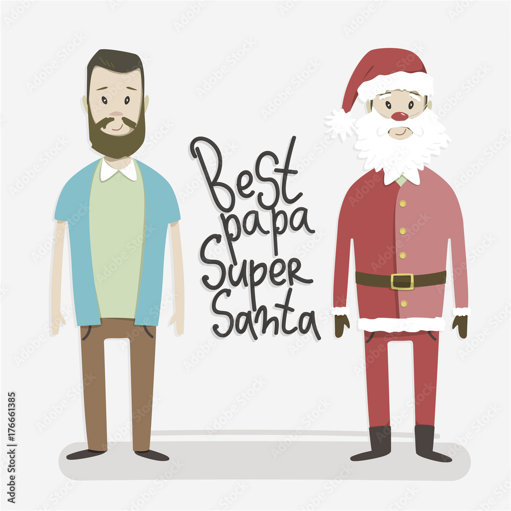 Best papa-Super Santa Claus. A man dressed in Santa Claus. Vector illustration in cartoon style. Young dad. Best papa-Super Santa Claus. A man dressed in Santa Claus. Vector illustration in cartoon style. Young dad.