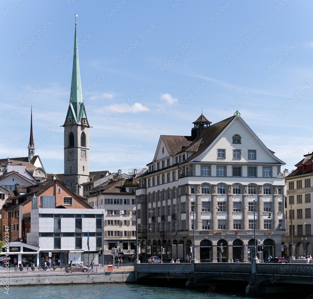 View on the tower of Predigerkirche and Rudolf Brun bridge in Zurich, Switzerland