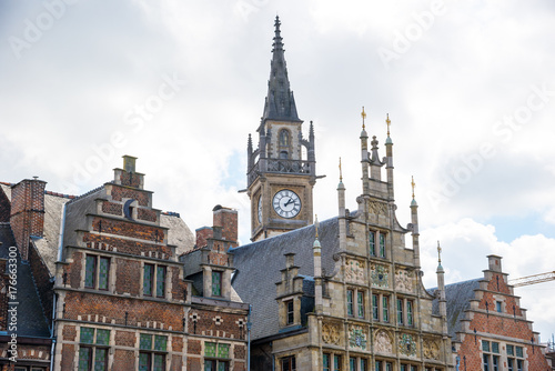 Picturesque medieval buildings overlooking the Graslei harbor in Ghent  Belgium