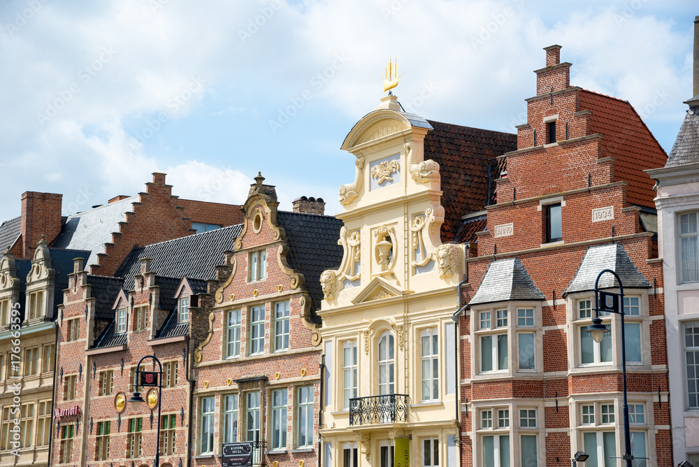 Picturesque medieval buildings overlooking the Graslei harbor in Ghent, Belgium