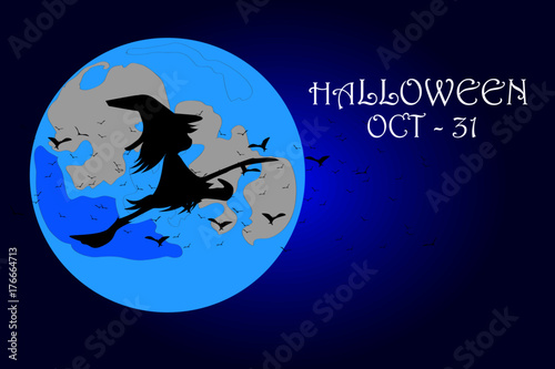 Invitación Halloween con bruja, murciélagos y luna