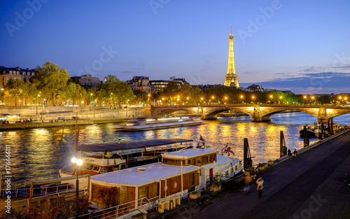 View of the Seine and the Tour Eiffel at night, Paris, France