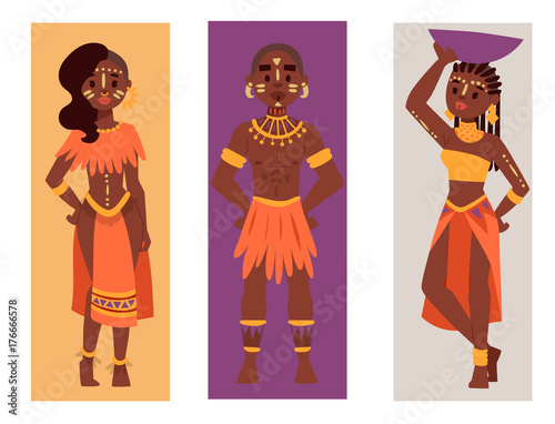 Maasai african people cards in traditional clothing happy person families vector illustration.