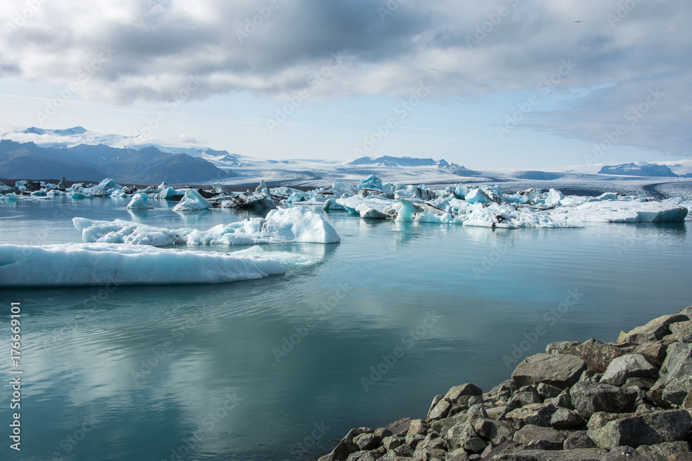 Iceland, Jokulsarlon lagoon, Beautiful cold landscape picture of icelandic glacier lagoon bay,