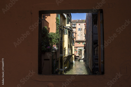 The Canale delle Moline, one of the remaining canals of the city of Bologna, Italy