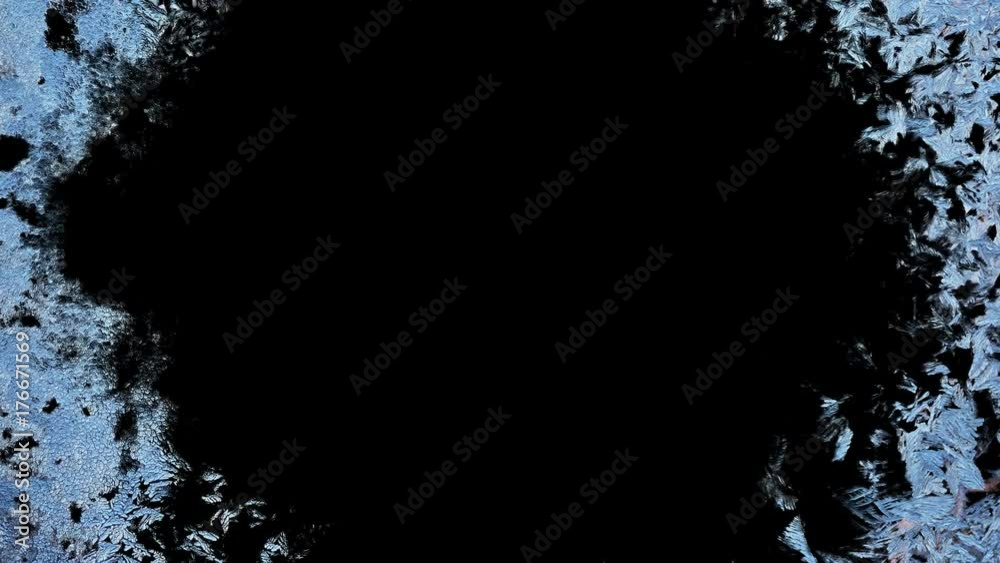 Beautiful window freezing animation from borders to center, timelapse frost forming transition, natural crystal icing, isolated on black background with black and white luminance matte, alpha channel.