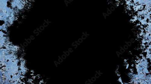 Beautiful window freezing animation from borders to center, timelapse frost forming transition, natural crystal icing, isolated on black background with black and white luminance matte, alpha channel.