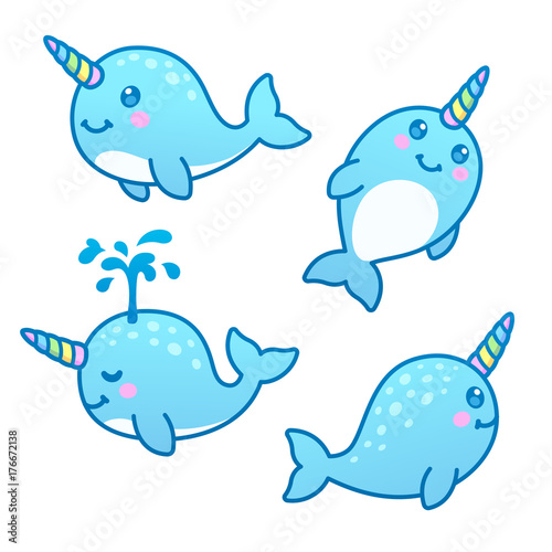 Cute cartoon narwhals set