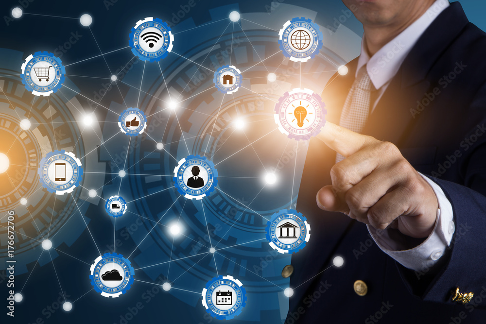 Business man working with modern virtual technology and pressing a button on the touch screen. futuristic technology concept. Business man working with modern virtual technology and pressing a button on the touch screen. futuristic technology concept.