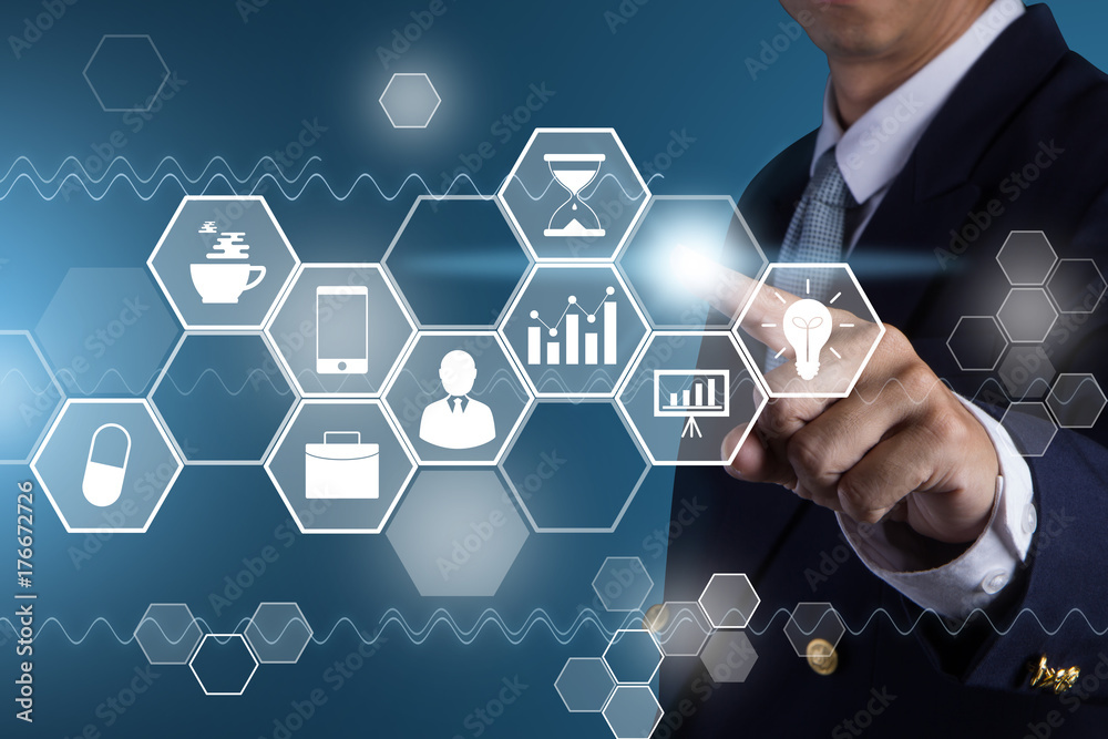 Big data analytics and business intelligence (BI) concept. Businessman Pressing Virtual icons on a digital screen interface background. Big data analytics and business intelligence (BI) concept. Businessman Pressing Virtual icons on a digital screen interface background.