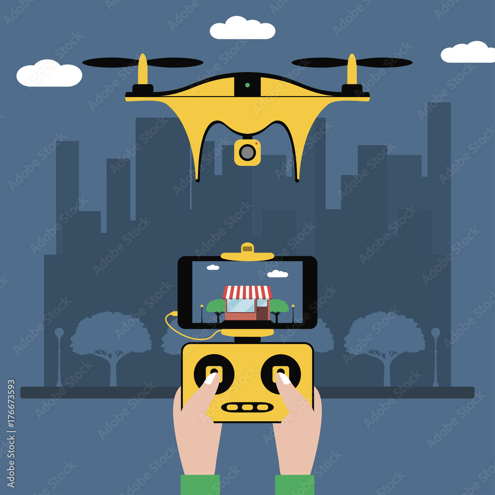 Drone and remote control. Hands hold a radio controller with screen to  quadcopter flying over city. Quadricopter with a video camera. Vector  illustration. Stock Vector | Adobe Stock