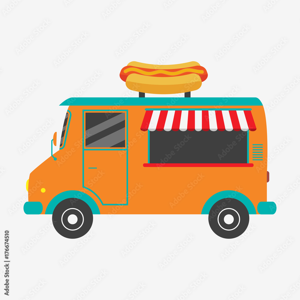 Hot Dog Truck Fast Food Van With Signboard In Form Of Tasty Hot dog hot-dog-truck-fast-food-van-with-signboard-in-form-of-tasty-hot-dog