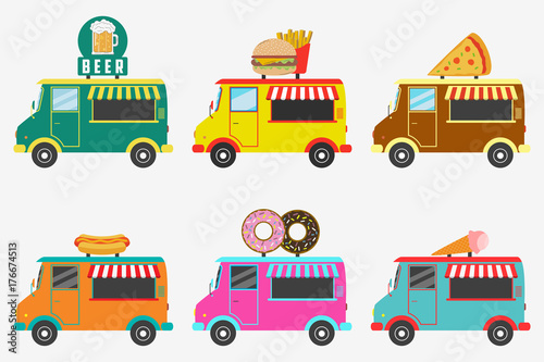 Fast Food trucks. Set of street shops on van - Beer, Donut, Burger and French fries, Hot Dog, Ice Cream, Pizza. Vector illustration in flat style.