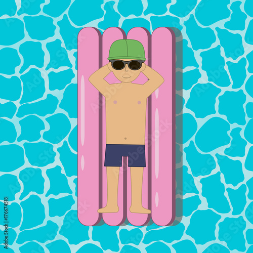 Young man floating on a inflatable swim mattress in a swimming pool or sea or ocean. Boy in sunglasses and cap. Vector illustration.