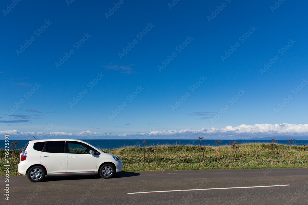 Fototapeta premium オロロンラインを走る乗用車