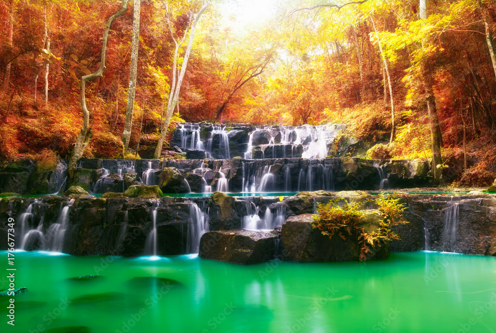 Beautiful waterfall in autumn, rocks and stones in autumn forest