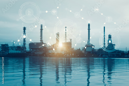 Smart refinery factory and wireless communication network, physical system icons diagram on industrial factory and infrastructure image background.