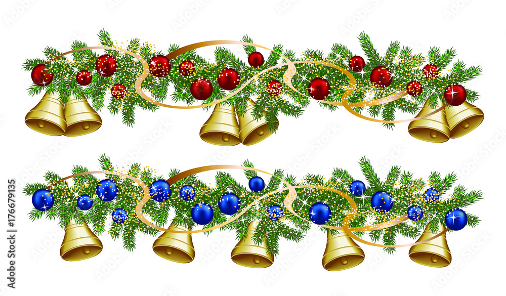 Christmas garland and Christmas spruce in sequins, blue and red balls