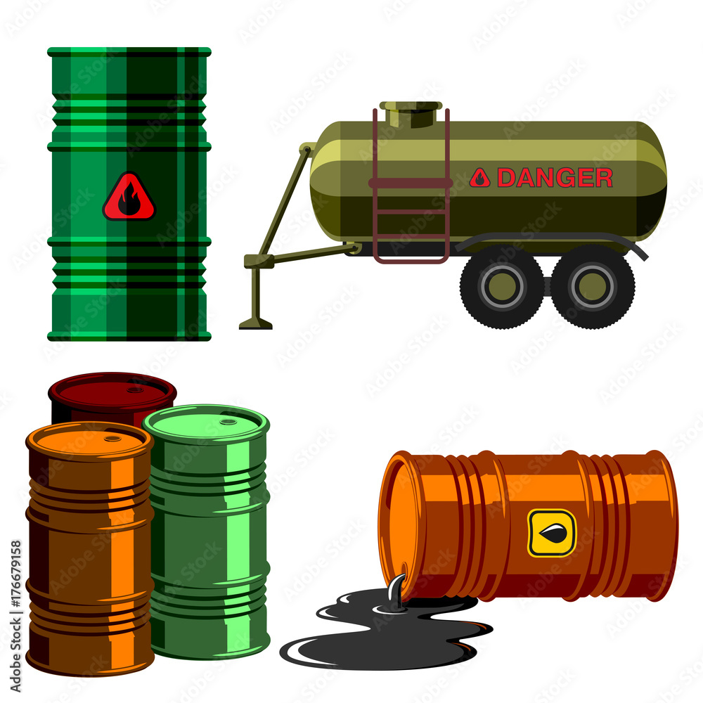 Oil drums container fuel cask storage rows steel barrels capacity tanks natural metal old bowels chemical vessel vector illustration