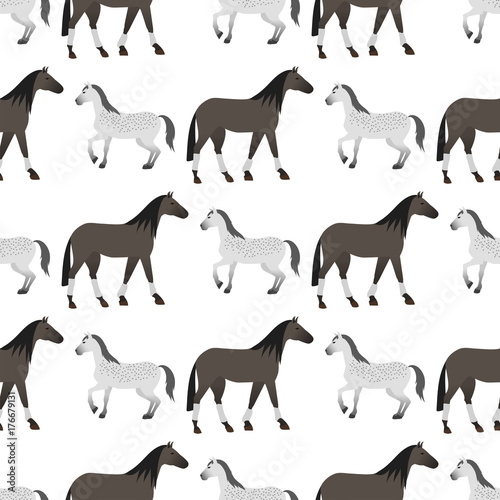 Horse pony stallion seamless pattern color farm equestrian animal characters vector illustration.