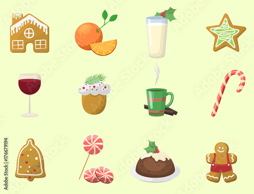 Traditional christmas food and desserts holiday decoration xmas sweet celebration meal vector illustration.