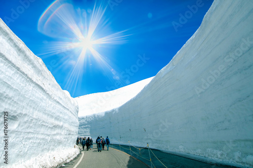 Road between snow wall of  Tateyama Kurobe Alpine Route or Japanese Alps with blue sky  background is  one of the most important and popular natural place in Toyama Prefecture, Japan.