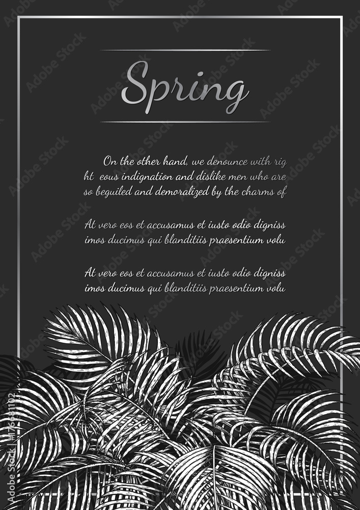Fototapeta Areca palm sketch by hand drawing.Plam leaf vector card on black background.Vector leaves art highly detailed in line art style.Tropical invitation card.